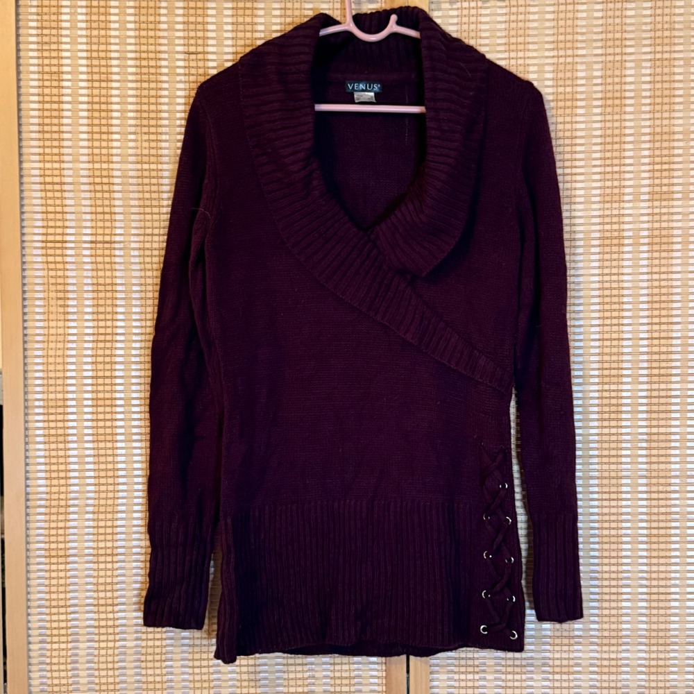 Venus Womens Plum Burgundy Lace Up Side Shawl Collar Knit Sweater Size Medium